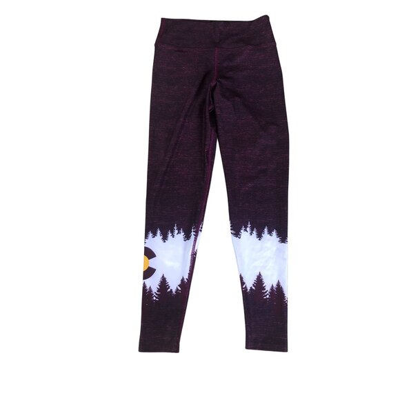 Aksels Colorado Flag Leggings Forest Print Burgundy Athletic Fit Medium - Picture 1 of 8